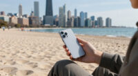 What you see in the Sun, is the Chicago skyline from the Indiana Dunes beach, across Lake Michigan. You can see it from 50 miles of distance due to a form of superior mirage, because the skyline is seen above where it's actually located.
