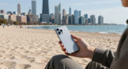 What you see in the Sun, is the Chicago skyline from the Indiana Dunes beach, across Lake Michigan. You can see it from 50 miles of distance due to a form of superior mirage, because the skyline is seen above where it's actually located.